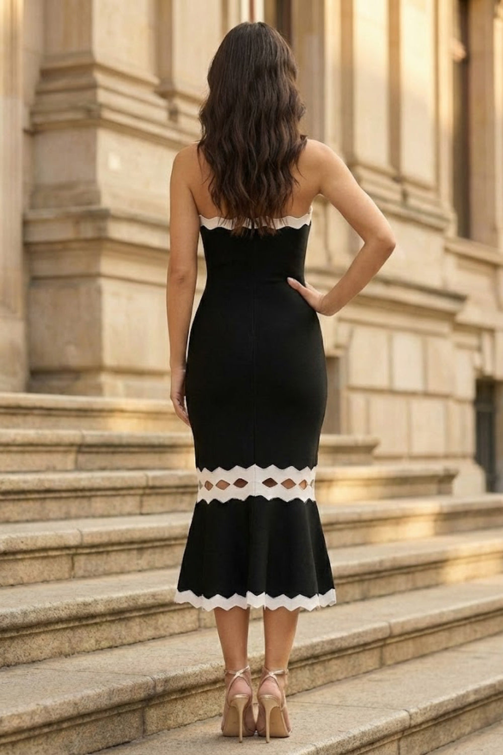 Black and White Mermaid Strapless Long Prom Dress with Cut Out