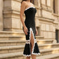 Black and White Mermaid Strapless Long Prom Dress with Cut Out