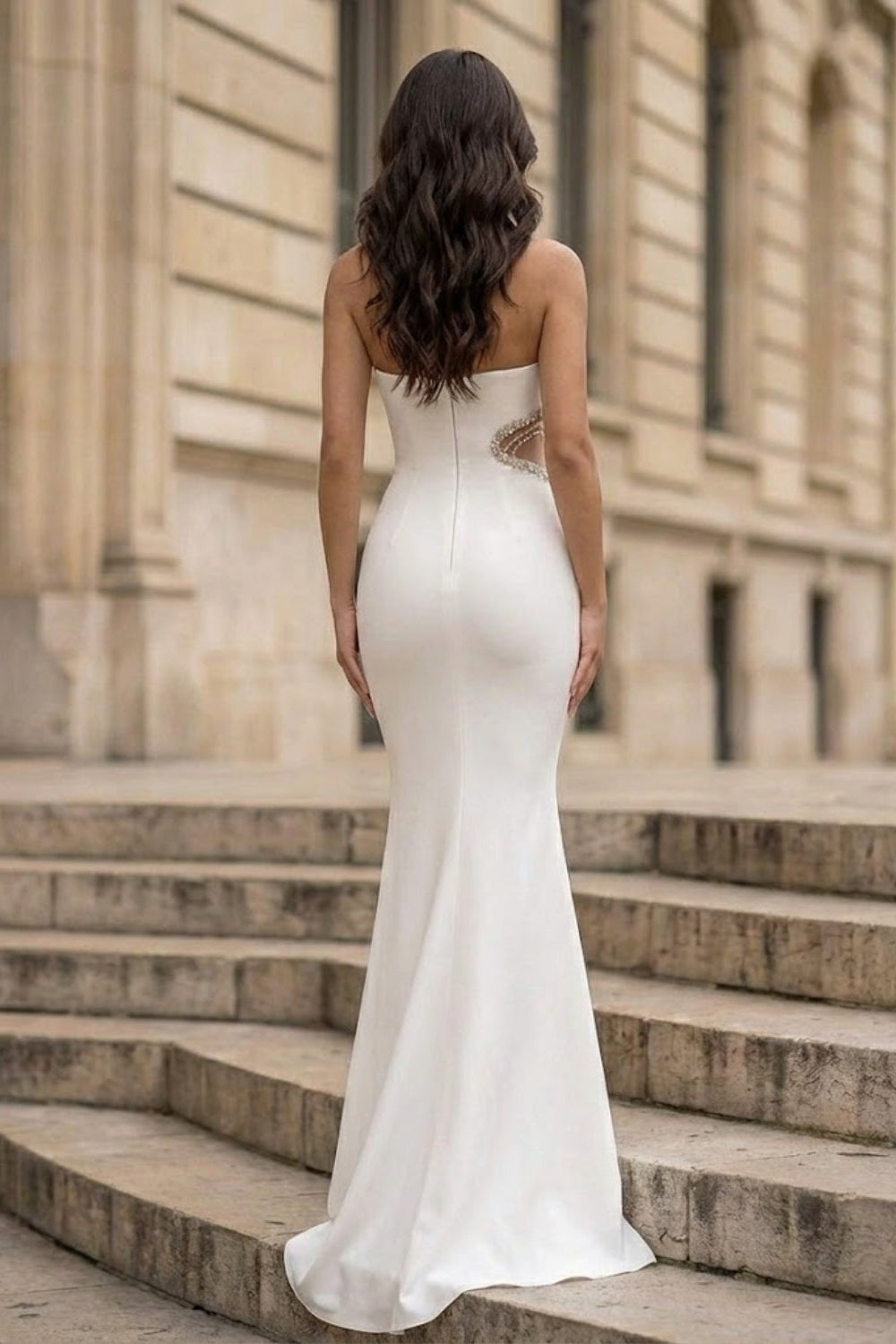 White Mermaid Strapless Long Prom Dress with Rhinestone