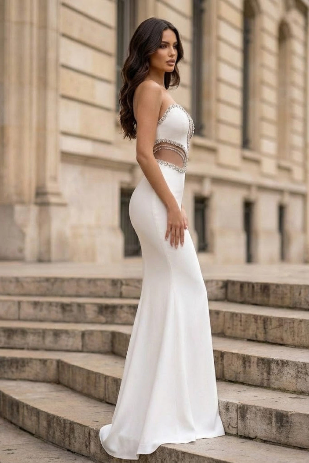 White Mermaid Strapless Long Prom Dress with Rhinestone