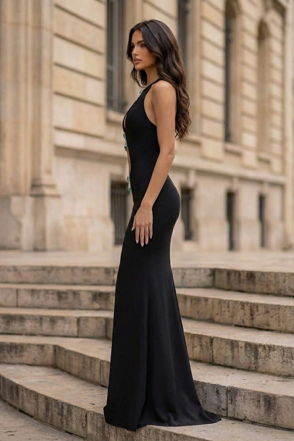 Black Mermaid Round Neck Long Prom Dress with Cut Out
