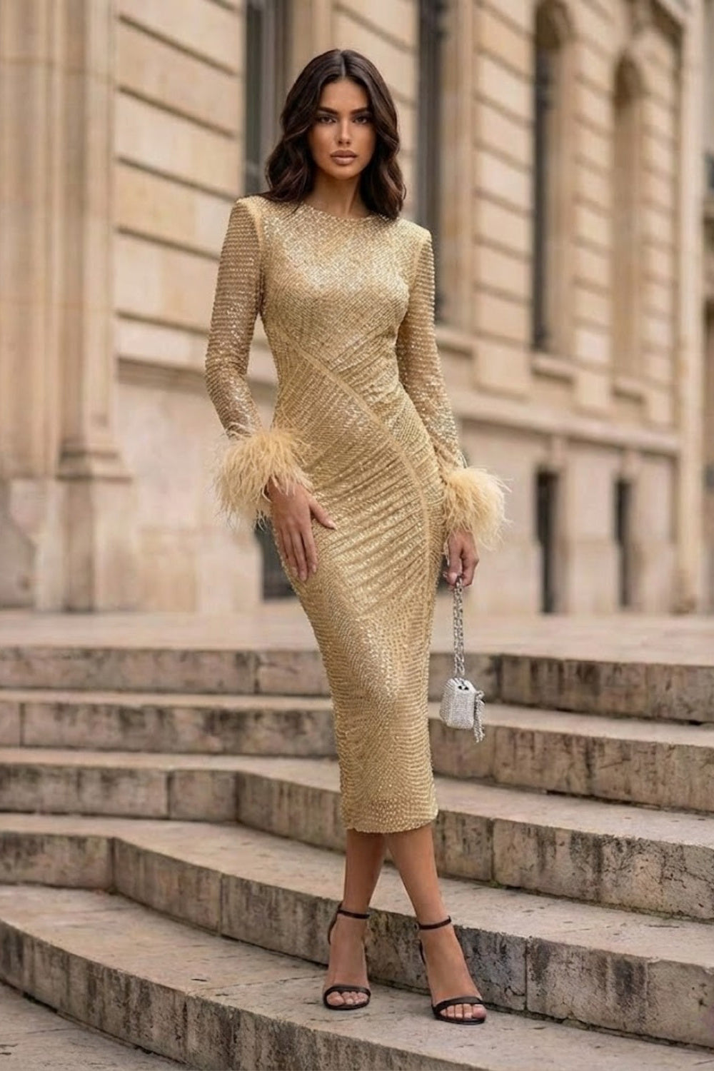 Sparkly Gold Bodycon Scoop Long Evening Dress with Feathers
