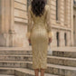 Sparkly Gold Bodycon Scoop Long Evening Dress with Feathers