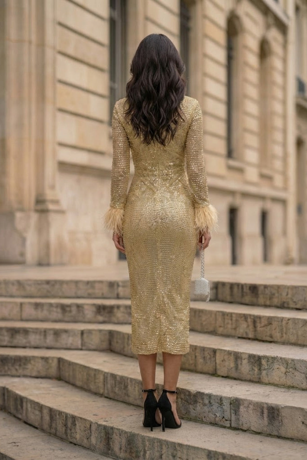 Sparkly Gold Bodycon Scoop Long Evening Dress with Feathers