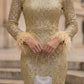 Sparkly Gold Bodycon Scoop Long Evening Dress with Feathers