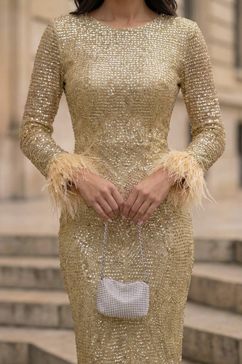 Sparkly Gold Bodycon Scoop Long Evening Dress with Feathers