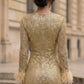Sparkly Gold Bodycon Scoop Long Evening Dress with Feathers