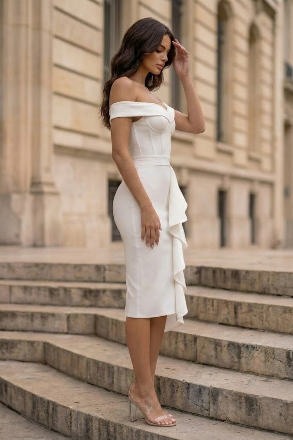White Bodycon Off the Shoulder Long prom Dress with Ruffles