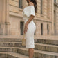 White Bodycon Off the Shoulder Long Prom Dress with Belt
