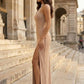 Dusty Pink Sheath High Neck Long Prom Dress with Beading