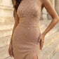 Dusty Pink Sheath High Neck Long Prom Dress with Beading