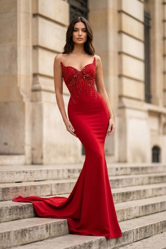 Red Mermaid Sweetheart Long Prom Dress with Beading