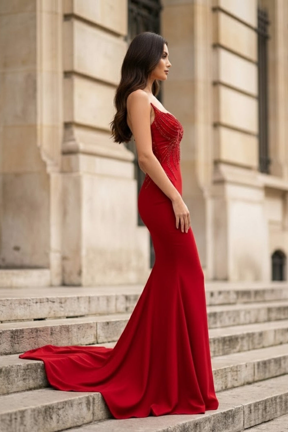 Red Mermaid Sweetheart Long Prom Dress with Beading