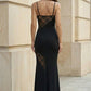 Black Sheath Spaghetti Straps Long Prom Dress with Lace Appliques