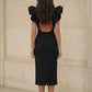 Black Sheath V-Neck Long Formal Dress with Ruffles