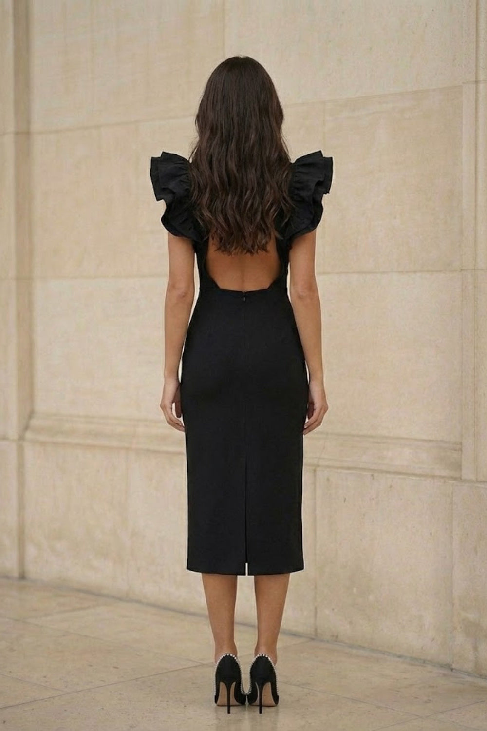 Black Sheath V-Neck Long Formal Dress with Ruffles