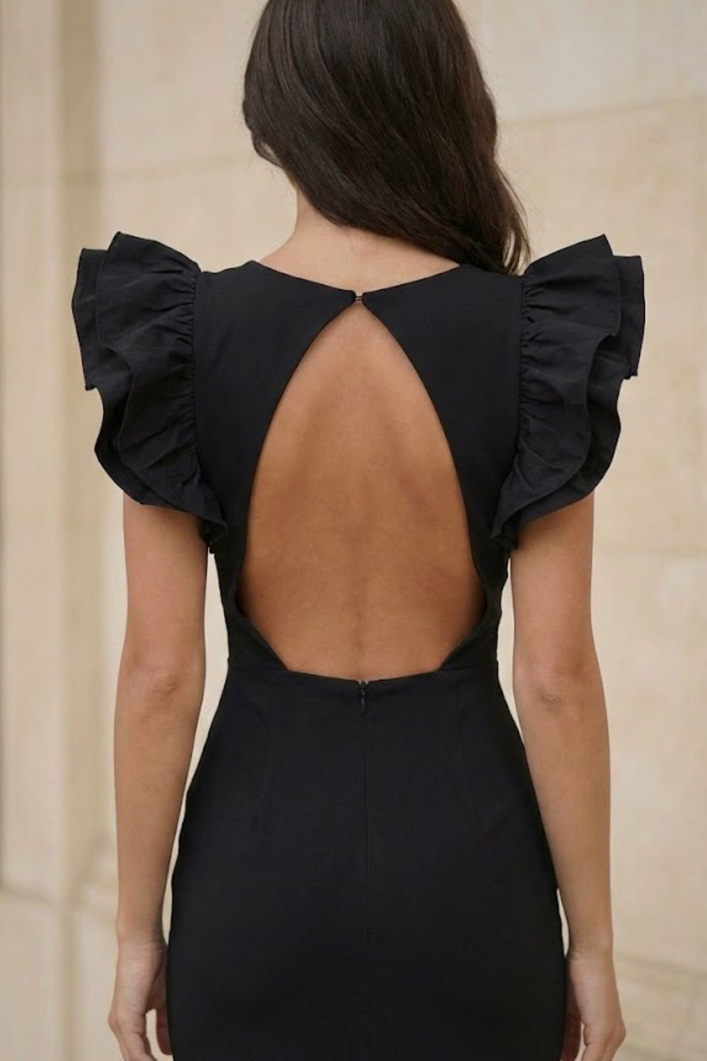 Black Sheath V-Neck Long Formal Dress with Ruffles