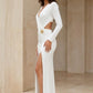 White Sheath V-Neck Long Formal Dress with Slit