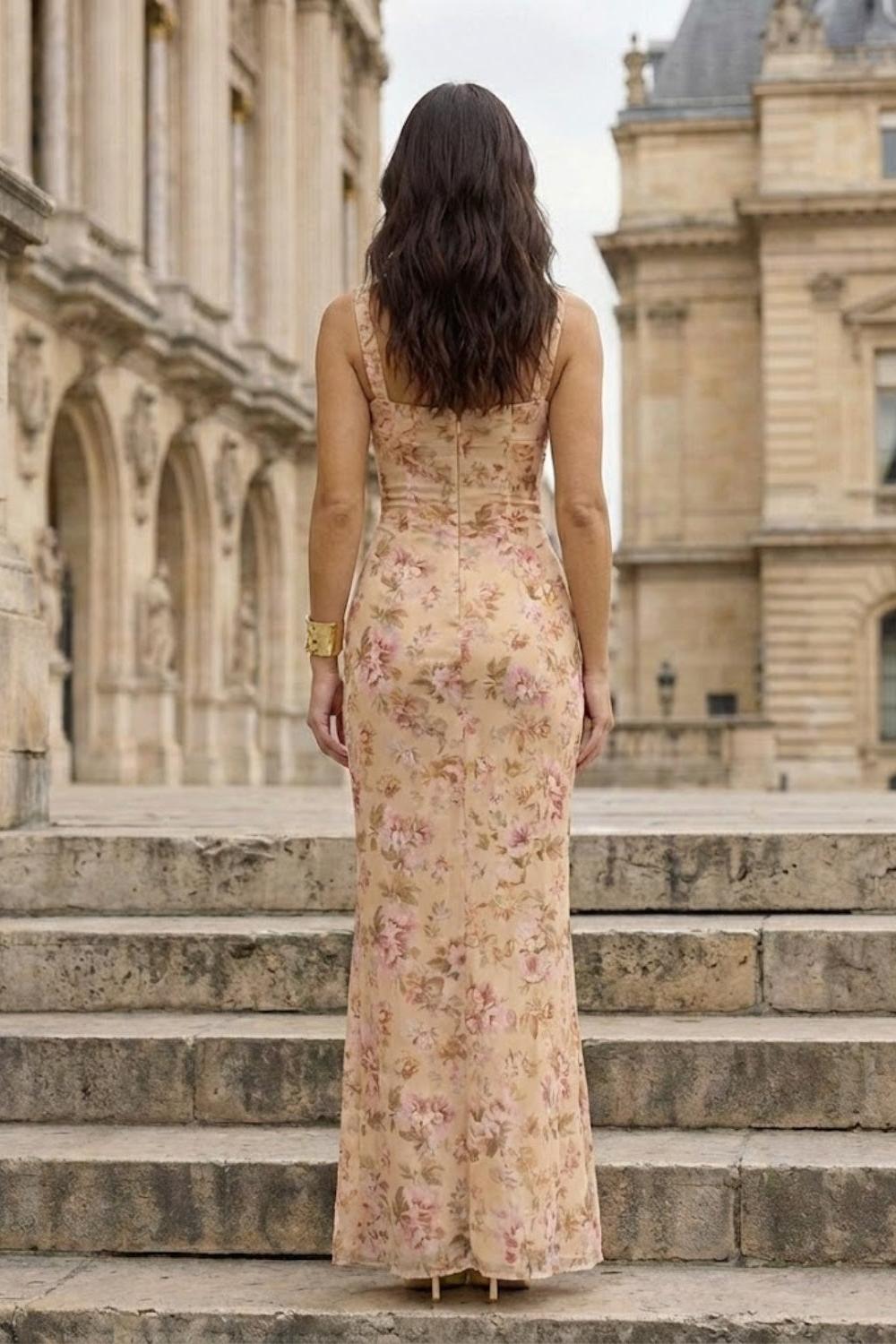 Yellow Floral Mermaid Scoop Long Prom Dress