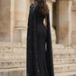 Black A Line Square Neck Long Formal Dress with Cape