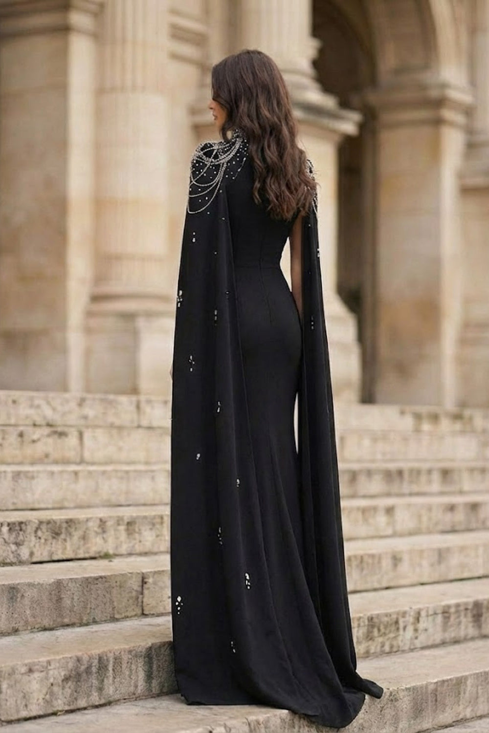 Black A Line Square Neck Long Formal Dress with Cape