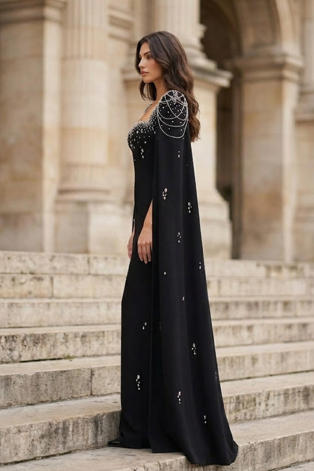 Black A Line Square Neck Long Formal Dress with Cape