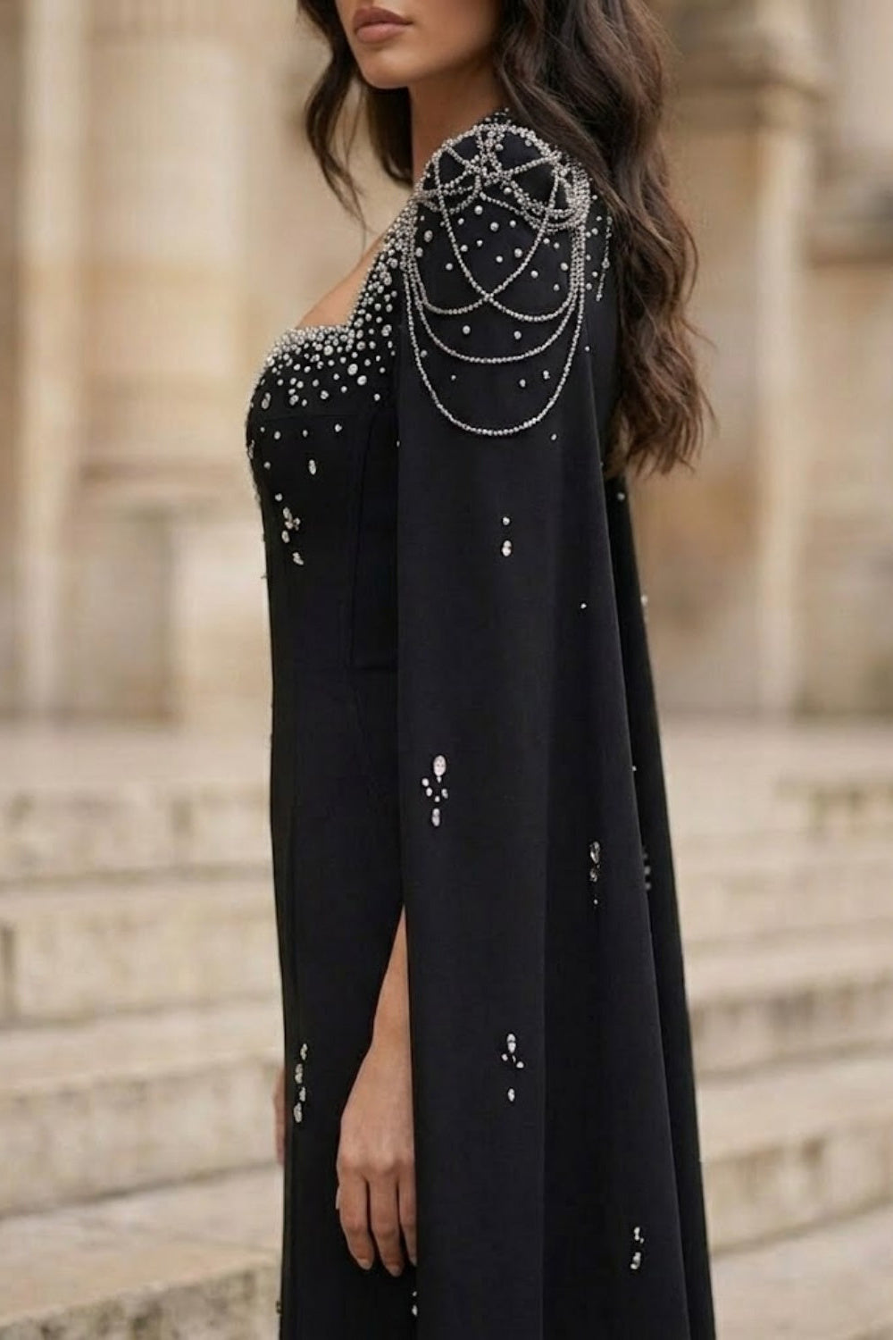 Black A Line Square Neck Long Formal Dress with Cape