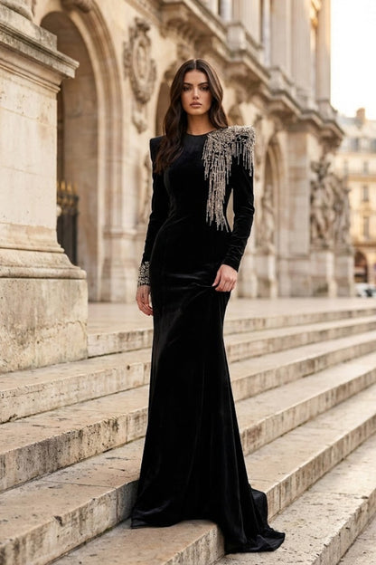 Black A Line Round Neck Long Formal Dress with Rhinestone