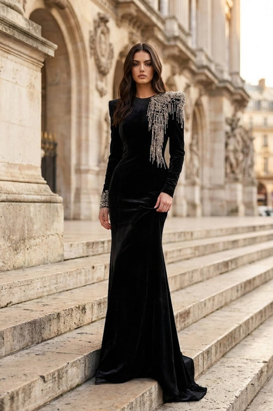 Black A Line Round Neck Long Formal Dress with Rhinestone