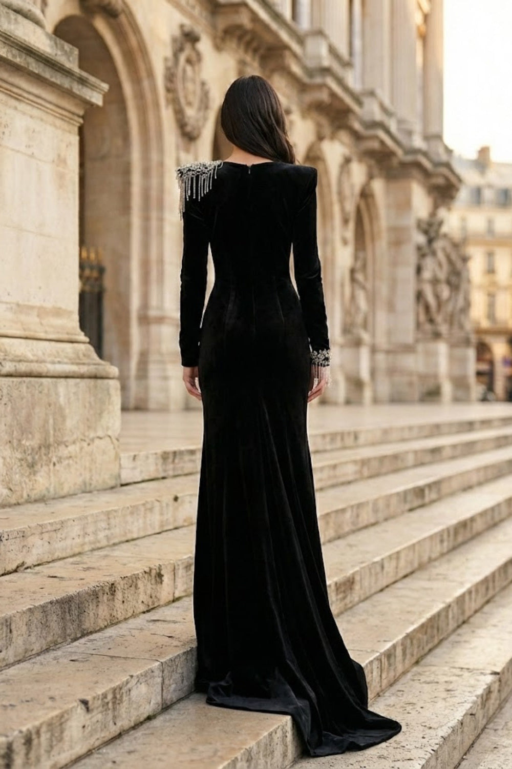 Black A Line Round Neck Long Formal Dress with Rhinestone