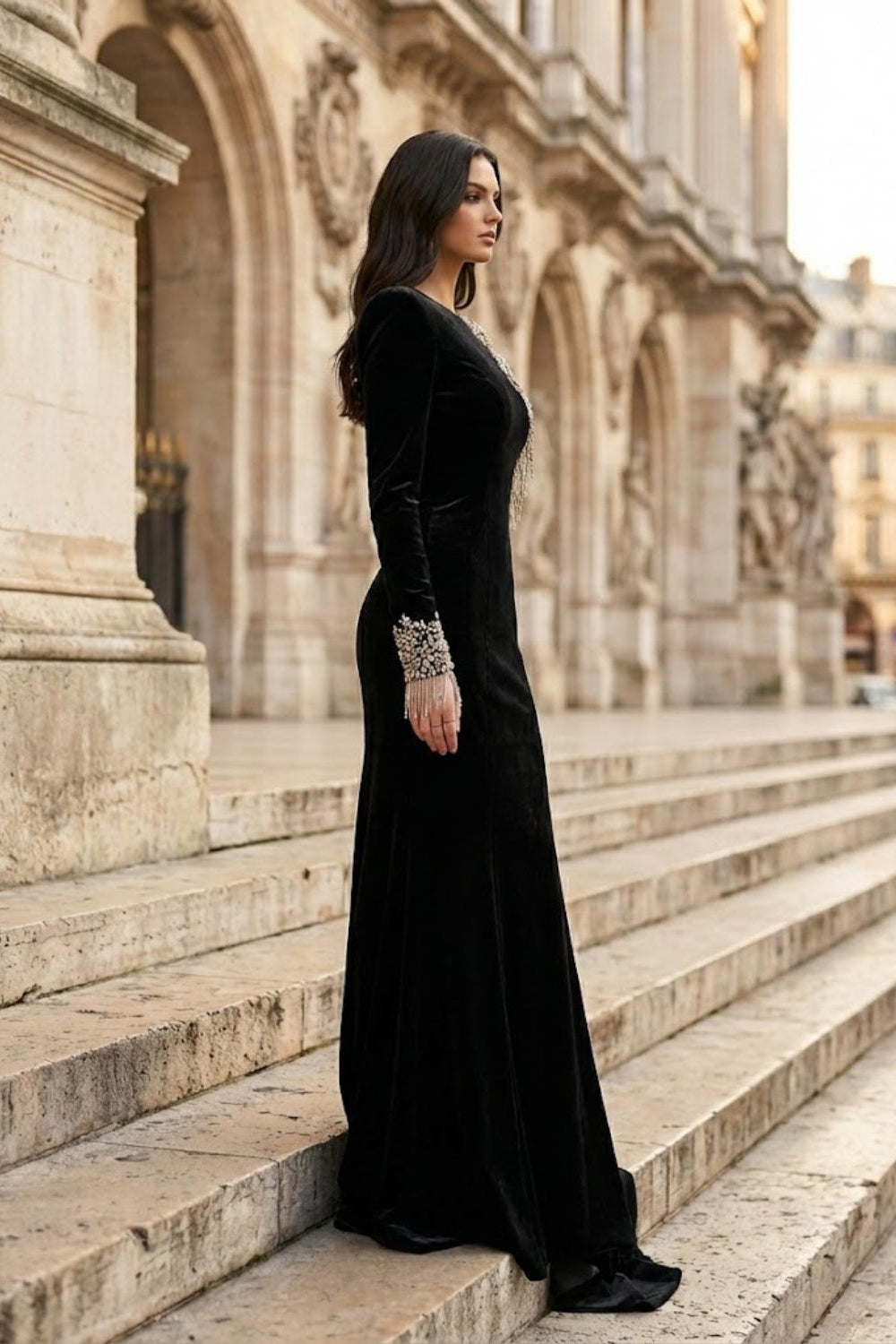 Black A Line Round Neck Long Formal Dress with Rhinestone