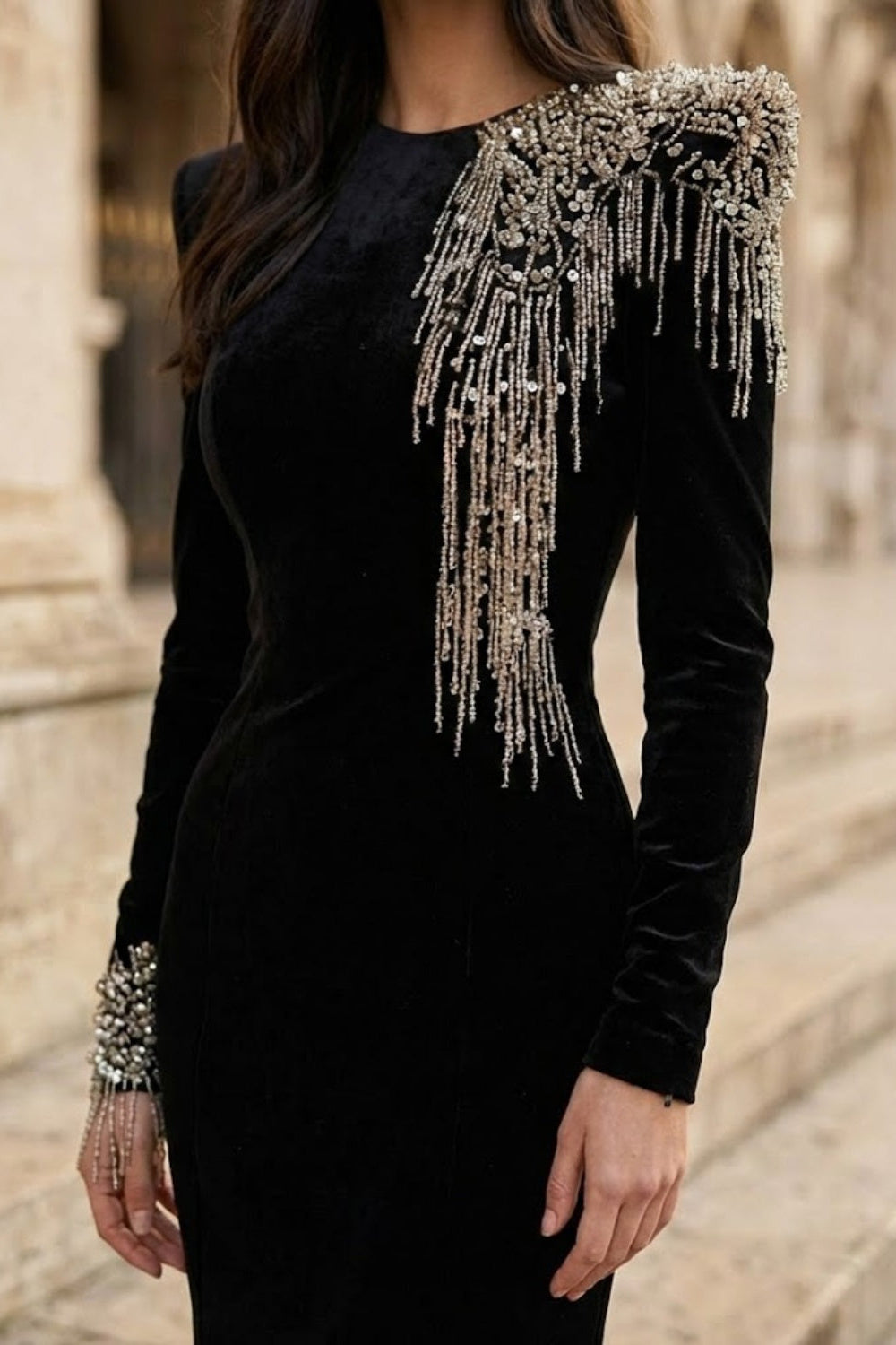 Black A Line Round Neck Long Formal Dress with Rhinestone