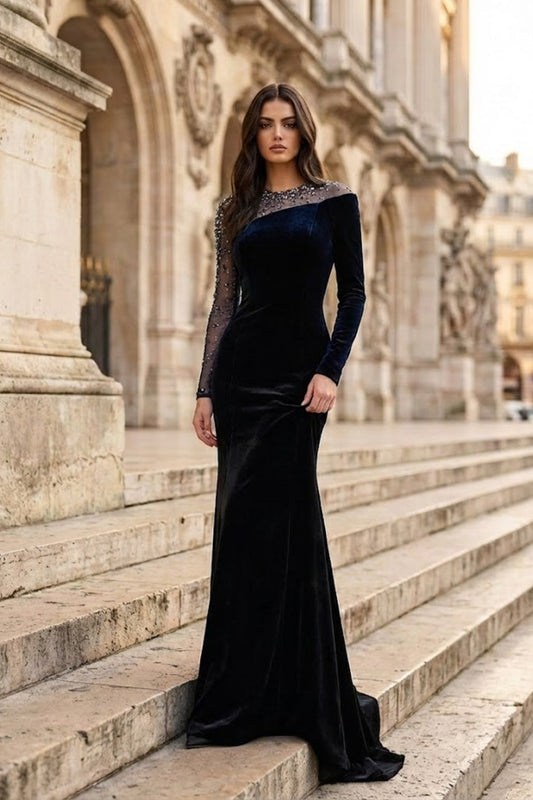 Dark Blue Sheath Illusion Neck Long Formal Dress with Rhinestone