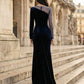 Dark Blue Sheath Illusion Neck Long Formal Dress with Rhinestone