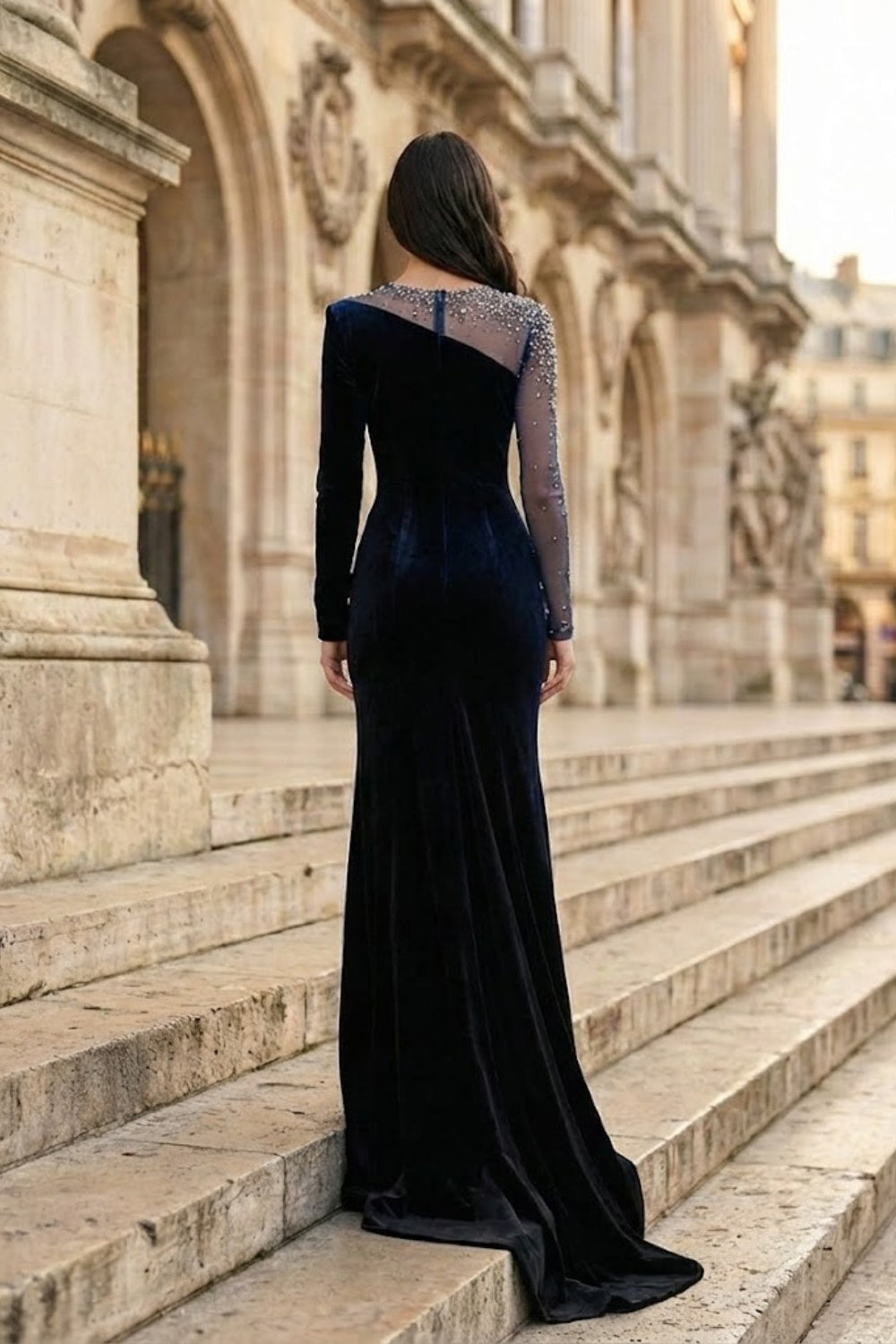 Dark Blue Sheath Illusion Neck Long Formal Dress with Rhinestone