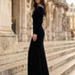 Dark Blue Sheath Illusion Neck Long Formal Dress with Rhinestone