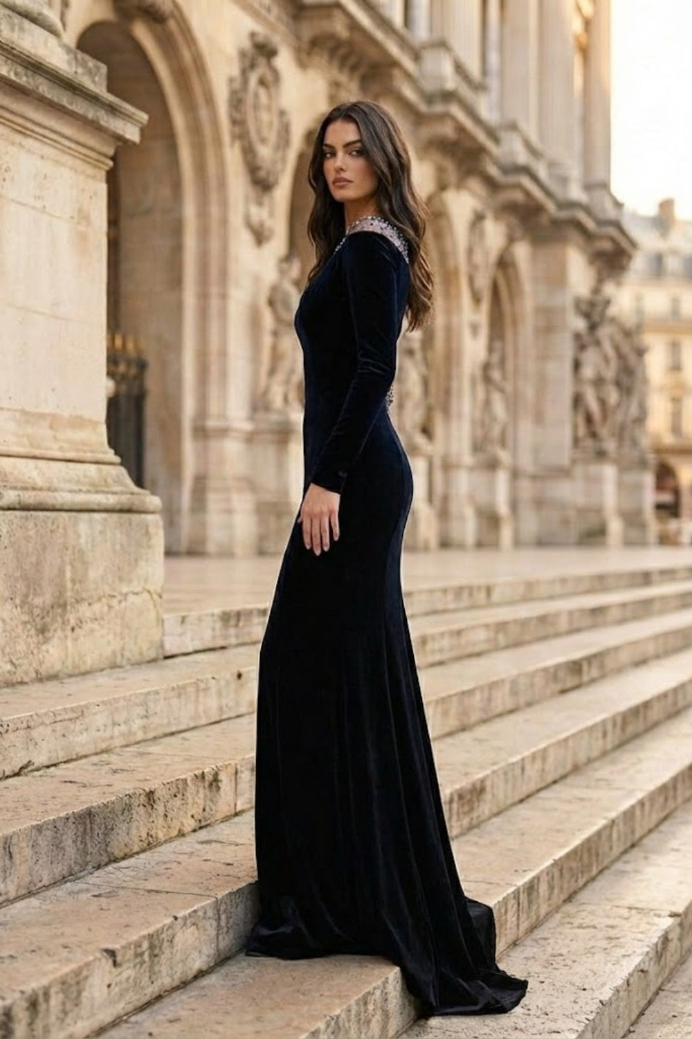Dark Blue Sheath Illusion Neck Long Formal Dress with Rhinestone