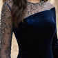 Dark Blue Sheath Illusion Neck Long Formal Dress with Rhinestone