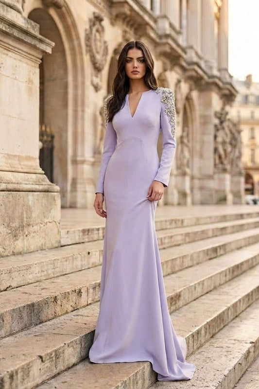 Mauve A Line V-Neck Long Prom Dress with Rhinestone
