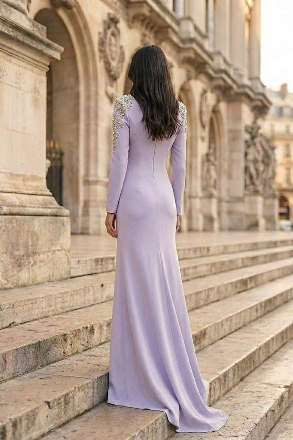 Mauve A Line V-Neck Long Prom Dress with Rhinestone
