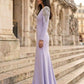 Mauve A Line V-Neck Long Prom Dress with Rhinestone