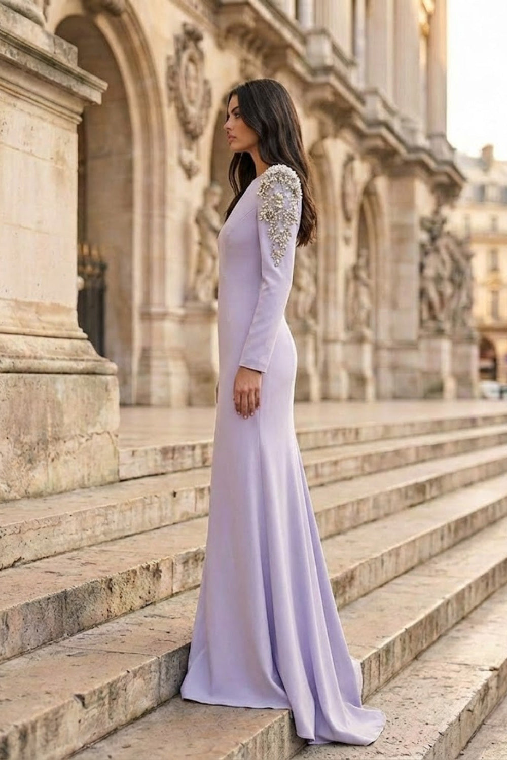 Mauve A Line V-Neck Long Prom Dress with Rhinestone