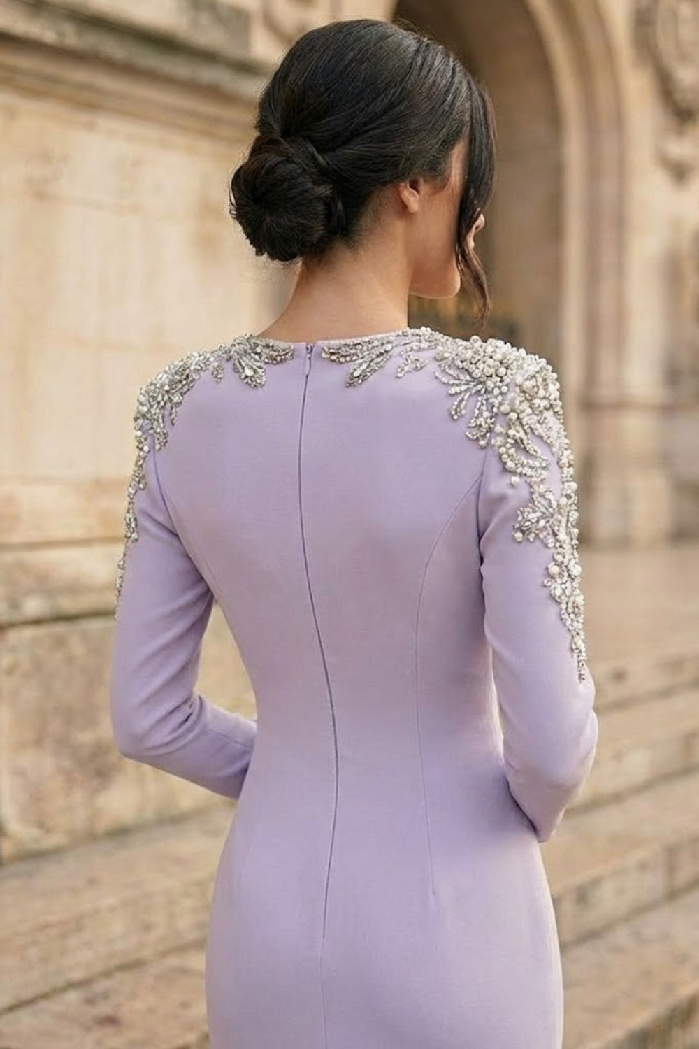 Mauve A Line V-Neck Long Prom Dress with Rhinestone