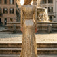 Sparkly Gold A Line Scoop Long Evening Dress with Belt