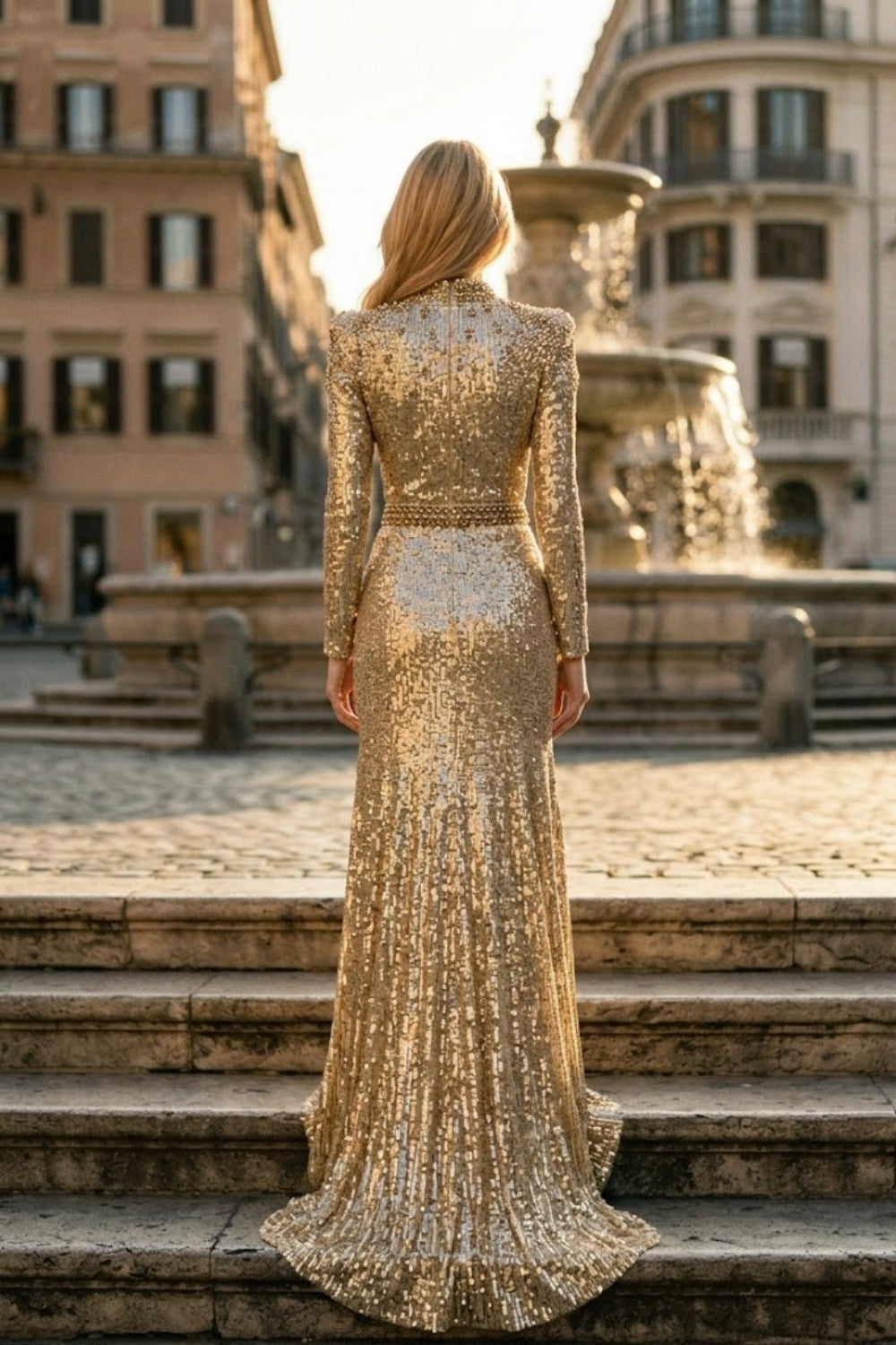 Sparkly Gold A Line Scoop Long Evening Dress with Belt