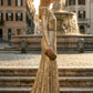 Sparkly Gold A Line Scoop Long Evening Dress with Belt