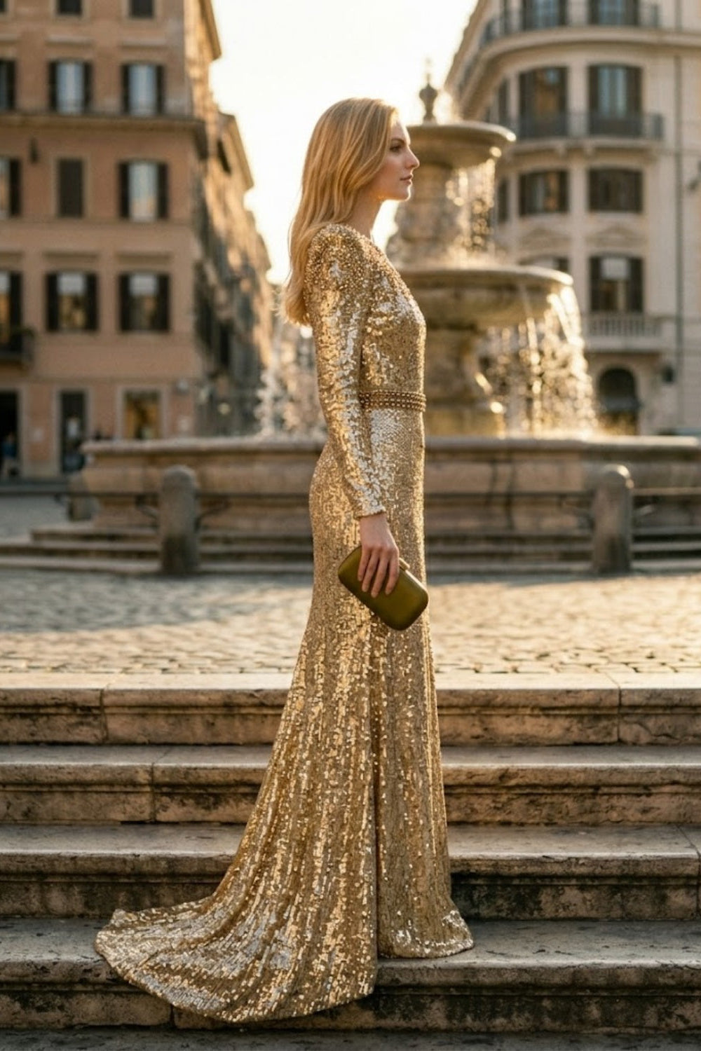 Sparkly Gold A Line Scoop Long Evening Dress with Belt