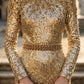 Sparkly Gold A Line Scoop Long Evening Dress with Belt