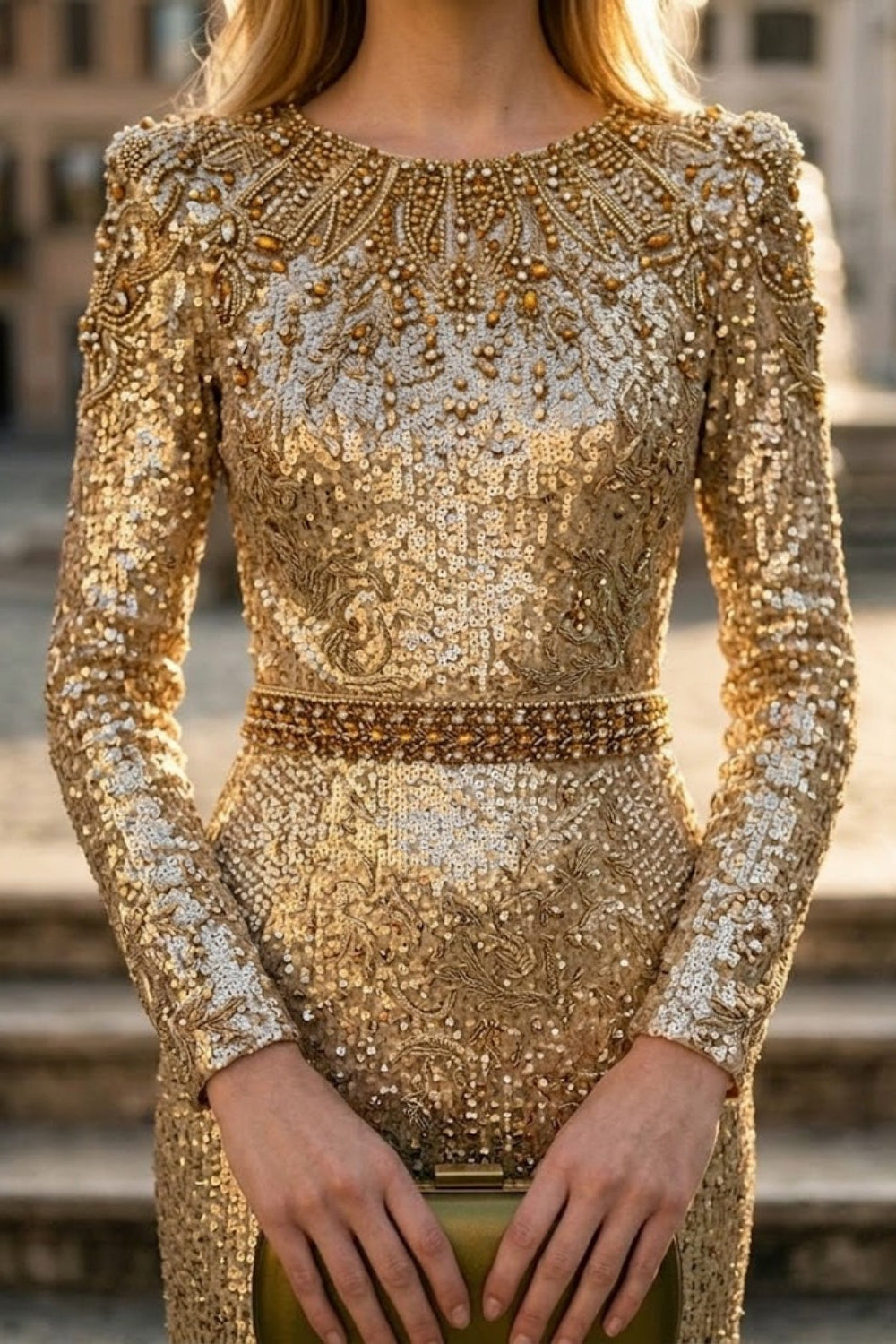 Sparkly Gold A Line Scoop Long Evening Dress with Belt