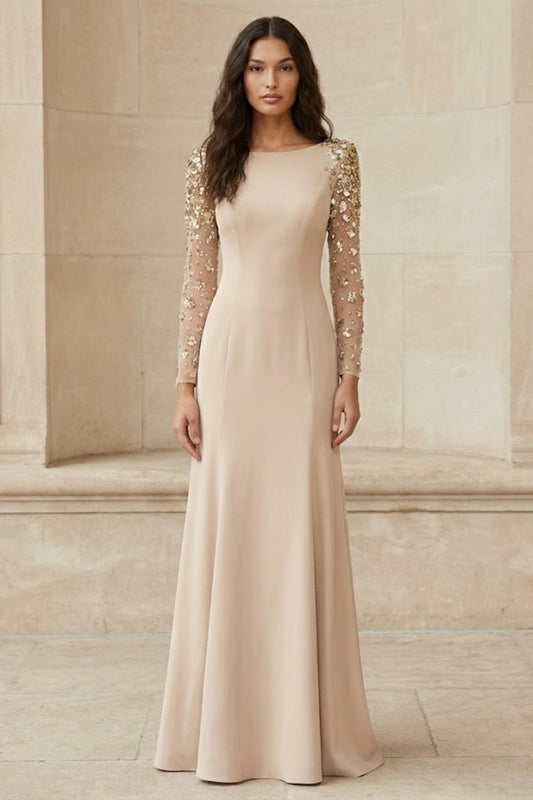 Dusty Pink A Line Scoop Long Formal Dress with Sequins